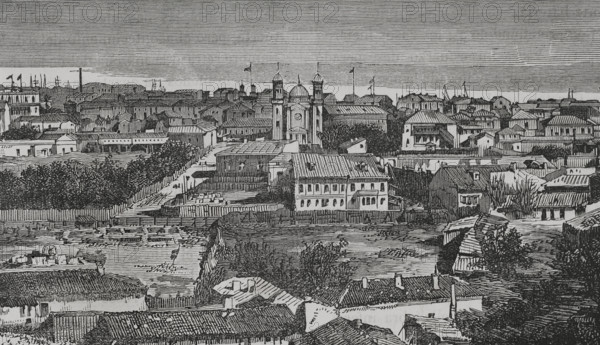 Galati, Romania. Panoramic view of the city on the shores of the Danube river. Engraving. ""La Guerra de Oriente"" (The Russo-Turkish War). Volume II. 1877.