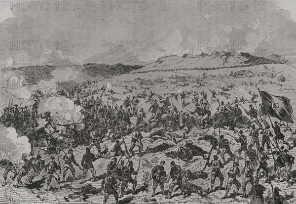 Russo-Turkish War (1877-1878). Turks try to retake Great Yagni on 13 October. Turkish infantry assault the Great Yagni. Engraving by Valnay. ""La Guerra de Oriente"" (The Russo-Turkish War). Volume I. 1877.