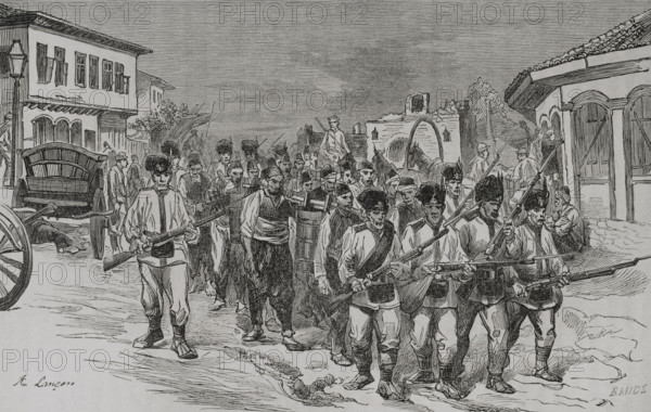 Russo-Turkish War (1877-1878). Nikopol. Transport of water to the Russian camp by Turkish prisoners, under surveillance by Romanian soldiers. Engraving. ""La Guerra de Oriente"" (The Russo-Turkish War). Volume II. 1877.