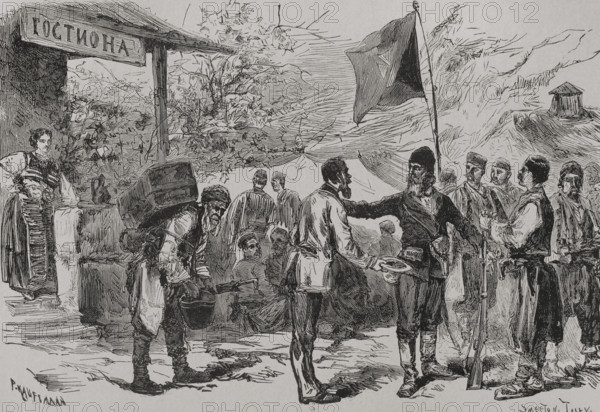 The Eastern Question. Serbian–Ottoman Wars (1876-1878). Serbia declared war on the Ottoman Empire on June 30, 1876. Serbia. Organisation of insurgent groups. Drawing by P. Kauffmann. Engraving by Smeeton Tilly. ""La Guerra de Oriente"" (The Russo-Turkish War). Volume III. 1878.