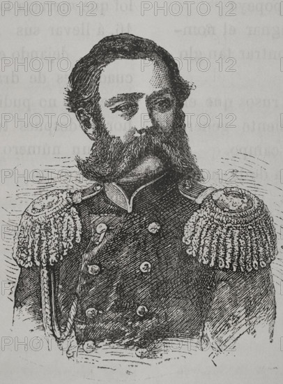 Prince Mossalsky. Russian general. Commander-in-chief of artillery of the Danube Army. Russo-Turkish War (1877-1878). Portrait. Engraving. ""La Guerra de Oriente"" (The Russo-Turkish War). Volume III. 1878.