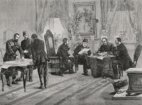 Treaty of San Stefano (3 March 1878). Agreement imposed by the Russian Empire on the Ottoman Empire after its victory in the Russo-Turkish War of 1877-1878. Under the agreement, the Ottoman Empire recognised the independence of Romania, Serbia and Montenegro, granting the autonomous self-governing of the Principality of Bulgaria. Romania ceded Bessarabia to Russia in exchange for the Dobruya region. It was signed by Count Nikolai Ignatiev and Aleksandr Nelidov on behalf of the Russian Empire, and by Foreign Minister Saffet Pasha and Ambassador to Germany Sadullah Bey on behalf of the Ottoman Empire. The signing of the peace treaty in San Stefano, west of Istanbul. Engraving. ""La Guerra de Oriente"" (The Russo-Turkish War). Volume III. 1878.