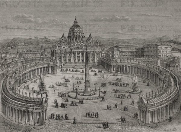 Vatican City. St. Peter's Square. Drawing by H. Catenacci. Engraving by Gauchard. ""History of the French Revolution"". Volume I, 2nd part, 1879.