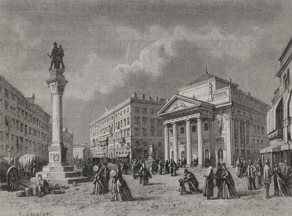 Trieste, Italy. Stock Exchange Square. Drawing by E. Grandsire. Engraving. ""History of the French Revolution"". Volume I, 2nd part, 1879.