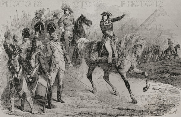 Napoleonic Wars. French Invasion of Egypt (1798-1801). Battle of the Pyramids (21 July 1798). The French army under Napoleon Bonaparte defeated the local Mamluk troops. Napoleon: ""Soldiers, from the top of the pyramids forty centuries are contemplating you!"" Drawing by Bellange. Engraving. ""History of the French Revolution"". Volume I, 2nd part, 1879.