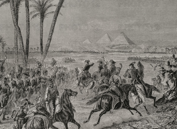 Napoleonic Wars. French Invasion of Egypt (1798-1801). Battle of the Pyramids (21 July 1798). The French army under Napoleon Bonaparte defeated the local Mamluk troops. Engraving by Pannemaker. ""History of the French Revolution"". Volume I, 2nd part, 1879.