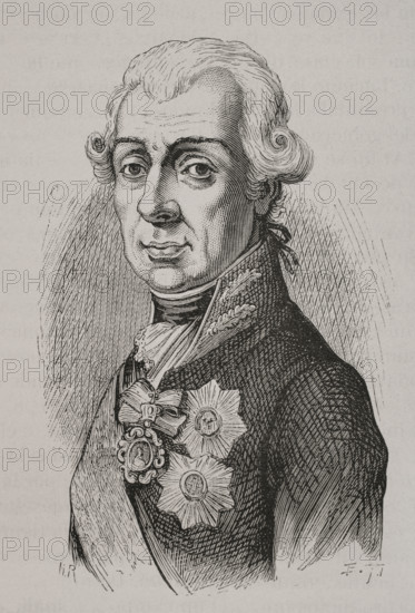 Aleksandr Suvorov (Aleksandr Vasilievich Suvorov) (1729-1800). Russian marshal. Portrait. Engraving. ""History of the French Revolution"". Volume I, 2nd part, 1879.