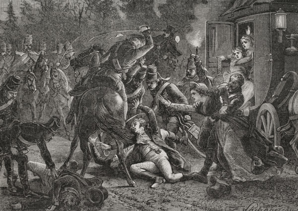 Assassination of the French plenipotentiaries at Rastatt, 28 April 1799. Bornnier, Debry and Roberjot were assaulted by a group of soldiers wearing the uniform of the Hungarian hussars. Jean Debry escaped despite being seriously injured. Drawing by Philippoteaux. Engraving by Meaulle. ""History of the French Revolution"". Volume I, 2nd part, 1879.