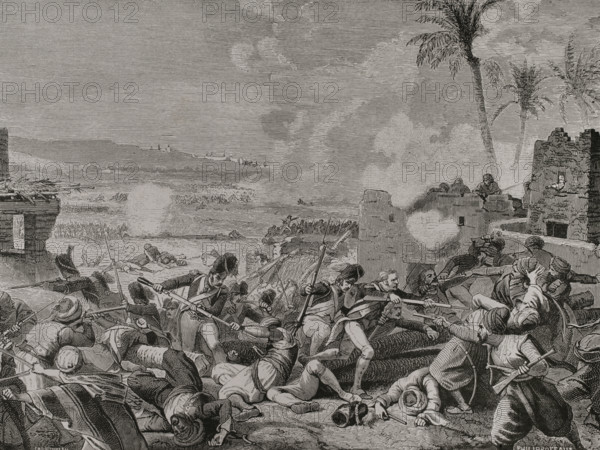 Napoleonic Wars. French Invasion of Egypt (1798-1801). Battle of Sediman or Battle of El Lahun (7 October 1798). French troops commanded by General Desaix (1768-1800) defeated the Mamluks led by Mourad Bey (ca. 1750-1801). Drawing by Philippoteaux. Engraving. ""History of the French Revolution"". Volume I, 2nd part, 1879.