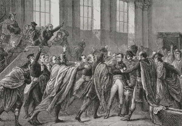 History of France. Coup d'etat of 18 Brumaire (9 November 1799). It ended the Directory (1795-1798) to make way for the Consulate, with Napoleon Bonaparte (1769-1821) as leader. Napoleon on the 18th Brumaire in the Council of Five Hundred, the chamber of legislative power during the Directory. Drawing by Philippoteaux. Engraving by Perrichon. ""History of the French Revolution"". Volume I, 2nd part, 1879.