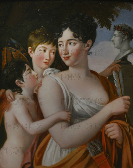 Josefa de Tudo y Cathalan Alemany (1779-1869). Mistress of Manuel Godoy (1767-1851) from the age of seventeen, with whom she had two children: Manuel Luis in 1805 and Luis Carlos in 1806. On the death of Godoy's wife, Princess Maria Teresa de Borbon, he officially married Pepita, as she was colloquially so-called, on 7 January 1829 in Rome. Josefa Tudo with her sons Manuel and Luis Godoy, in a garden. Portrait by Jose de Madrazo y Agudo (1781-1859), ca. 1812. Oil on panel, 20 x 16 cm. Prado Museum. Madrid. Spain.