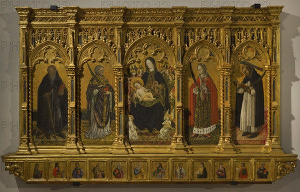 Benedetto Bembo (ca. 1423-1489). Italian painter. Torchiara Polyptych, 1462. In the centre, the Virgin with Child and angels. From left to right: St. Anthony abbot, St. Nicomedes, St. Catherine of Alexandria and St. Peter Martyr. In the predella, the Twelve Apostles. Tempera on wooden panel transferred to canvas, except the predella. Carved wood, gilded and painted frame (123 x 229 x 25 cm). Pinacoteca Castello Sforzesco, Milan, Italy.