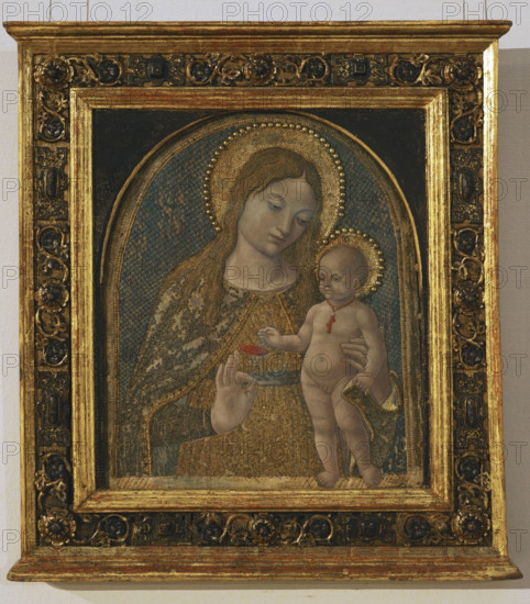 Giovanni Ambrogio Bevilacqua. Italian painter, active in Lombardy between 1481 and 1512. Madonna and Child, 1495-1499. Tempera on canvas and embroidery in polychrome silk glued on wooden panel. Pinacoteca Castello Sforzesco, Milan, Italy.