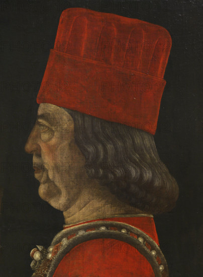 Borso d'Este (1413-1471). Duke of Ferrara, Modena and Reggio from 1450 to 1471. Portrait attributed to the circle of the Italian Renaissance painter Baldassarre d'Este (Vicino da Ferrara) (1432-1504), 1469-1471. Tempera on canvas glued on wooden panel (46 x 36 cm). Pinacoteca Castello Sforzesco, Milan, Italy.