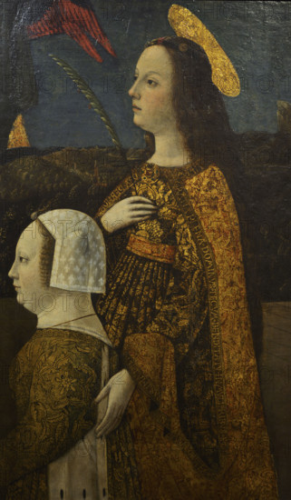 Bona of Savoy (1449-1503). Duchess of Milan as the second wife of Galeazzo Maria Sforza (1444-1476), Duke of Milan. Regent of Milan between 1476 and 1481, during the minority of her son Gian Galeazzo Sforza (1469-1494). Bona of Savoy presented by a Holy Martyr, 1471-1472. Portrait by a Lombard painter. Tempera on wooden panel transferred to canvas. Pinacoteca Castello Sforzesco, Milan, Italy.