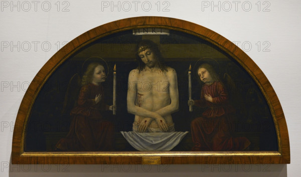 Ambrogio da Fossano, called Bergognone (1453-1523). Italian Renaissance painter. Pieta of Christ between two angels, 1488-1490. Tempera on wooden panel transferred to canvas. Pinacoteca Castello Sforzesco, Milan, Italy.