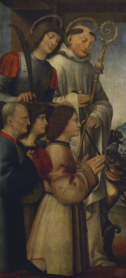 Pseudo Boltraffio. Name given to an unknown painter of the Lombard school, active in Milan between 1500 and 1530. Saints Gervase and Bernard with devotees, 1510-1515. Oil on wooden panel. Pinacoteca Castello Sforzesco, Milan, Italy.