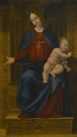 Pseudo Boltraffio. Name given to an unknown painter of the Lombard school, active in Milan between 1500 and 1530. ""Madonna enthroned with Child"", 1510-1515. Oil on wooden panel. Pinacoteca Castello Sforzesco, Milan, Italy.