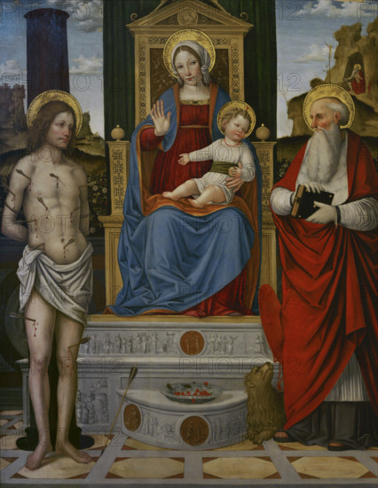 The Virgin and Child enthroned between Sts. Sebastian and Jerome. Painting by a Lombard artist. Oil on wooden panel, ca. 1510. Pinacoteca Castello Sforzesco, Milan, Italy.