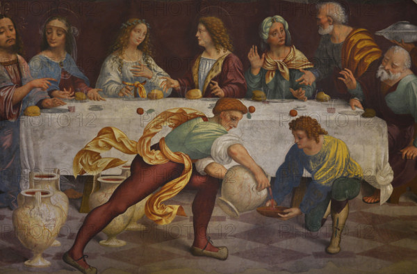 Marco d'Oggiono (ca. 1470-ca. 1549). Italian painter, pupil of Leonardo da Vinci. Marriage Feast at Cana, 1519-1522. Detached fresco transferred to canvas (345 x 180 cm). Detail. Pinacoteca Castello Sforzesco, Milan, Italy. (On loan, from Pinacoteca di Brera, Milan).