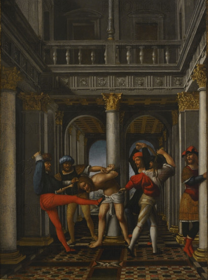 Flagellation, 1515-1520. Painting attributed to one of the collaborators of the circle of Bernardo Zenale (ca. 1460-1526), Italian painter. Oil on wooden panel (80 x 60 cm). Pinacoteca Castello Sforzesco, Milan, Italy.