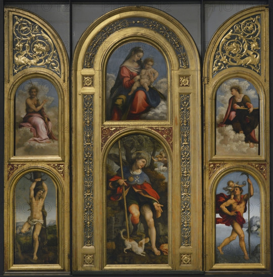 Cesare da Sesto (1477-1523). Italian Renaissance painter. Polyptych of Saint Rocco, 1523. From top to bottom, (centre): Madonna and Child, St. Rocco; (right): St. John the Evangelist and St. Christopher; (left): St. John the Baptist and St. Sebastian. Oil on wooden panel. Pinacoteca Castello Sforzesco, Milan, Italy.