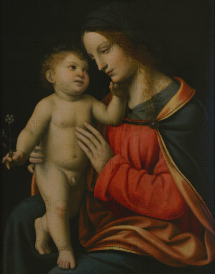 Bernardino Luini (ca. 1481-1532). Italian painter. Madonna and Child (known as ""Madonna Oggioni""), ca. 1516. Oil on wooden panel (42 x 33 cm). Pinacoteca Castello Sforzesco, Milan, Italy. (On loan, from Pinacoteca di Brera, Milan).