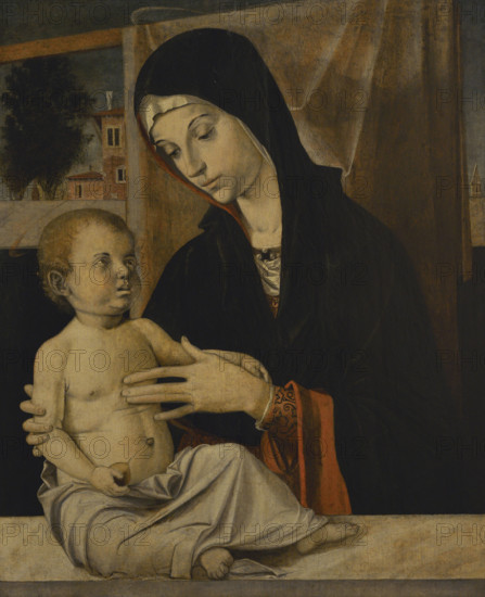 Bartolomeo Cincani (1450-1523), known as Montagna. Italian Renaissance painter. Madonna and Child, 1480-1490. Oil on wooden panel (64 x 53 cm). Pinacoteca Castello Sforzesco, Milan, Italy.