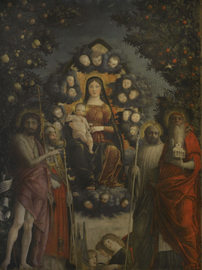 Andrea Mantegna (1431-1506). Italian Renaissance painter. ""Trivulzio Madonna"", 1497. Madonna in glory with Sts. John the Baptist, Gregory the Great, Benedict and Jerome. Tempera on canvas (287 x 214 cm). Pinacoteca Castello Sforzesco, Milan, Italy.