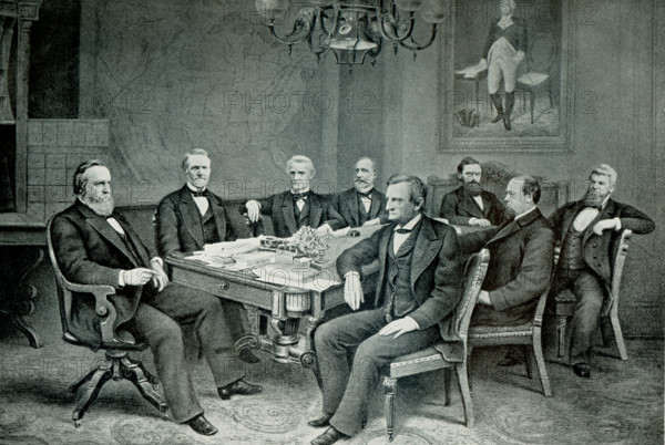 President Hayes and Cabinet.  The figures represnted here are: President Hayes; J Sherman Sect of Treasury; R W Thompson Secty of Navy; C Devens Attorney Genl; Carl Schurz Secty of Interior; D M Key Postmaster Genl; Wm M Evarts Sect of State; geo W McCrary Sect of War. Rutherford Birchard Hayes was an American lawyer and politician who served as the 19th president of the United States from 1877 to 1881, after serving in the U.S. House of Representatives and as governor of Ohio.