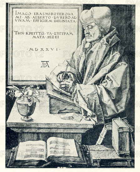 Erasmus Desiderius of Rotterdam was a Dutch Renaissance humanist. He lived from 1466 to 1536. Erasmus was also a Catholic priest, a social critic, a teacher, and a theologian. He wrote many works, and one of the best known is Praise of Folly. This portrait of Erasmus was done in 1526 by the German painter Albrecht Durer, who was in Nurmeberg, Germany, and was a contemporary of Erasmus.