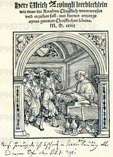 Seen here is the title page of the Zwingli reader and it dates to 1524. Ulrich (also spelled Huldrych) Zwingli (1484-1531) led the Reformation movement in Switzerland.