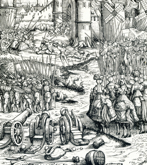 This illustration, which dates to  the early 1900s, is of a scene taken from a woodcut that showed soldiers laying siege to a city in central Europe during the religious wars of the Protestant Reformation. The soldiers are being driven back by those occupying the city.