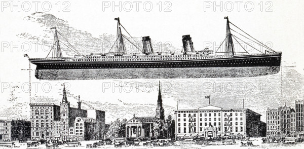 This illustration of the transatlantic ocean liner named RMS 'Oceanic' which went on its maiden voyage in 1899, landing in New York in September. It was the largest ocean liner in the world until 1901. It is shown here by way of comparison with buildings on Broadway in New York. The length of the Oceanic was 704 feet (215 meters).  The illustration is from the 1901 book titled 'The Progress of Invention in the Nineteenth Century.'.