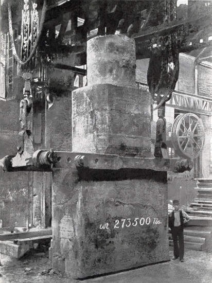 This 1901 photo show a nickel steel armor plate ingot cast for the port plate of U.S. battle ship Iowa. Noted on the ingot is its weight: 273,500 lbs. The ingot was manufactured by the Bethlehem Steel Company, which, during WWI and WWII was amajor supplier of armor plate and ordnance. The USS Iowa was launched in 1942 and decommissioned in 1990. It was nicknamed 'The Big Stick' and its motto was 'Our liberties We Prize, Our Rights We Will Maintain.' She was the only ship of her class to serve in the Atlantic Ocean in World War II. She also served in the Pacific in WWII and she served in the Korean War. 20th century.