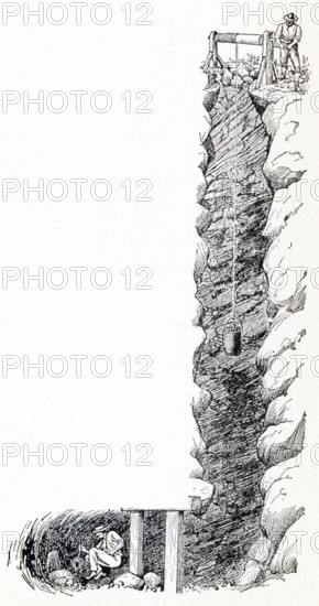 This illustration from a 1901 book shows two men mining for gold in the 1880s. They are using the shaft mining technique. Their tools are a bucket, a windlass (this tool with a rope wrapped around a drum helps lift buckets of dirt up the shaft from the mine), a cradle (to separate gold from dirt, clay, and rock/gravel), and a pick. Here the miner at the bottom of the shaft is using a pick to loosen the sides of the area. The bucket is in the shaft and the miner at top is pulling it up the shaft.