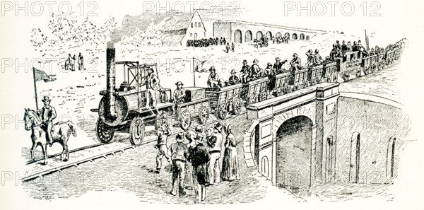 First Train on the Stockton and Darlington Railway - 1825 drawn by Stevenson’s ‘No. 1’. The world's first public railway to use steam locomotives, its first line connected collieries (a coal mine and the buildings and equipment associated with it) near Shildon with Darlington and Stockton-on-Tees in County Durham, and was officially opened on 27 September 1825. Locomotion No. 1 hauled the first train on the Stockton and Darlington Railway, and became the first locomotive to run on a public railway.Locomotion No 1, which was originally named 'Active,' was an early British steam locomotive train. It was built by Robert Stephenson and Company in 1825 for the Stockton and Darlington Railway.