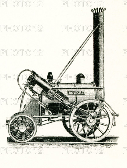 The rocket locomotive built by Robert Stephenson. The 'Rocket,' shown here in this 1901 engraving, was the first modern steam locomotive. It was built in Newcastle, England, in 1829 by George Stephenson, who is known as the 'Father of Railways.'.