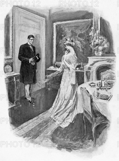 An English man and woman meet in a room adjoining another where there is at a ball in the 1890s, the Victorian period. The illustration complemented Anthony Hope's novel 'Sport Royal,' published in England in 1893.