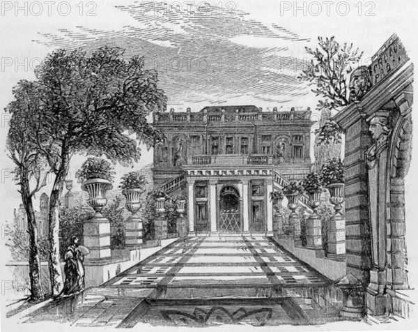 This drawing is from The Life of Charles Dickens by John Forster, Vol II (1842-1852). The sketch is of The Palace of the Marchese Pallavicini, also known as the Palazzo Peschiere (because of its fishponds), in Genoa. The palace dated to the mid 1500s. It was in September 1844 in the midst of a raging storm that Dickens and his family moved from the Villa di Bella Vista to this palace.