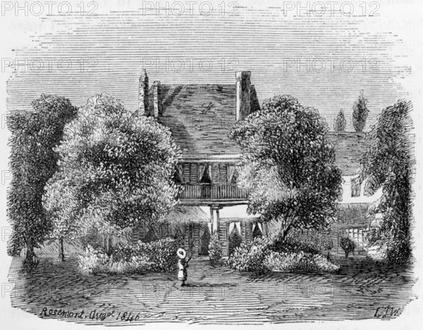 The famed English author Charles Dickens traveled with his family to Switzerland in 1846. With him was his wife, six children, and his dog. The home pictured here is the Villa Rosemont, where he stayed in the city of Lausanne. He had a staff of four servants. And he spent five months writing Dombey and Son and working on other material. This drawing is from The Life of Charles Dickens by John Forster, Vol II (1842-1852).