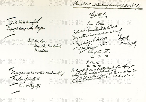 This 1874 illustration shows a copy of the “Plan prepared for first number of David Copperfield” by Charles Dickens. Charles Dickens (1812-1870) is one of the best known and most distinguished English novelists. He lived during the Victorian era. Among his best-known works are: A Christmas Carol, David Copperfield, Great Expectations, Oliver Twist, and A Tale of Two Cities.