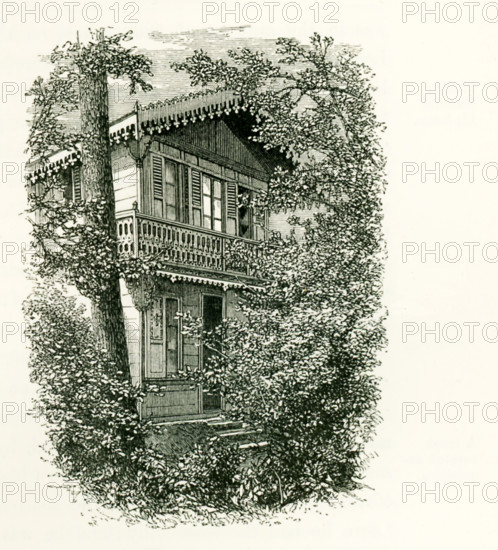 In 1864, the actor Charles Fechter gave Charles Dickens a pre-fabricated two-story Swiss chalet house that Dickens had put together on his Gadshill property. This illustration of the chalet is from John Forster's The Life of Charles Dickens. Gadshill, a mansion in the English country of Kent,  was the country home of Charles Dickens. Charles Dickens (1812-1870) is one of the best known and most distinguished English novelists. He lived during the Victorian era. Among his best-known works are: A Christmas Carol, David Copperfield, Great Expectations, Oliver Twist, and A Tale of Two Cities.