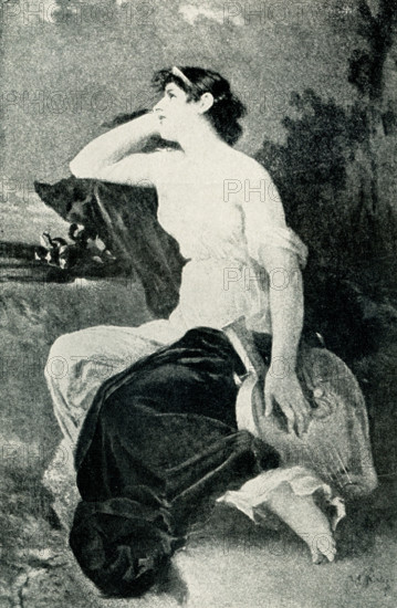 This image shows Sappho’s Reverie by W Kray. The Greek lyric poet Sappho, who flourished in the early 6th century B.C., was born on the Aegean island of Lesbos. While there is much legend about her, the facts are few. Only fragments of her verse survive, and they are classic examples of the 'pure' love lyric, with its traits of strong expression of passion and perfect control of meter. Wilhelm Kray (died 1889) was a German painter.