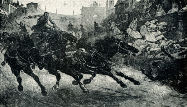 This image shows a chariot race in the Circus Maximus by Ulpiano Fernández-Checa y Sanz (1860 –1916), known as Ulpiano Checa, a Spanish painter, sculptor, poster designer and illustrator. He used both impressionistic and academic techniques, and mainly painted historical subjects. The circus was a specific arena, shaped like a bullet, for the staging of chariot races, the largest of these was the Circus Maximus in Rome.