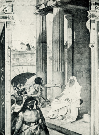 This image shows Papirius insulted by the Gauls as drawn by C Maccari. According to the Roman tale, in the 380s B.C., the Gauls invaded Italy and Rome itself. When they entered Rome, the senators refused to flee. The actual details vary, but here the senators are shown in the Senate house. When the Gauls touch the beard of the Senator Papirius, Papirius no longer remains unmoving - rather he hits back. Slaughter ensues. Cesare Maccari (1840 –1919) was an Italian painter and sculptor, most famous for his 1888 painting showing Cicero Denouncing Catiline.