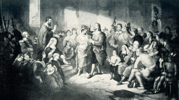 This 1899 illustration shows the marriage of Pocahontas to John Smith. English Captain John Smith guided the colonists through difficult times in the Jamestown settlement of 1607. But records say: John Smith came to the Powhatan when Pocahontas was about 9 or 10. According to Mattaponi oral history, little Matoaka was possibly about 10 years old when John Smith and English colonists arrived in Tsenacomoca in the spring of 1607. John Smith was about 27 years old. They were never married nor involved.