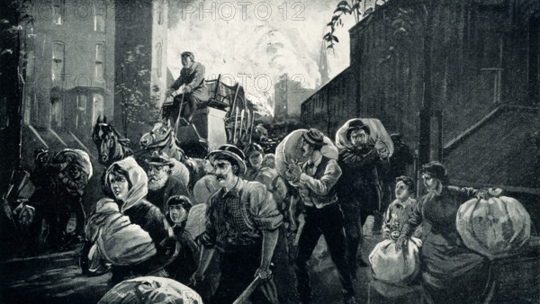 This 1899 illustration shows: “Burning of Chicago - Greatest Fire in History.” The Great Chicago Fire was a conflagration that burned in the American city of Chicago during October 8–10, 1871. The fire killed approximately 300 people, destroyed roughly 3.3 square miles of the city, and left more than 100,000 residents homeless.