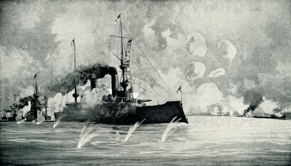 This 1899 illustration shows: “Battle of Manila Bay.”  The Battle of Manila Bay, in the Philippines, took place on May 1, 1898, during the Spanish American War. The American Asiatic squadron was under the command of Commodore George Dewey, and it destroyed the Spanish Pacific Squadron  under Admiral Patricio Montojo y Pasaron.