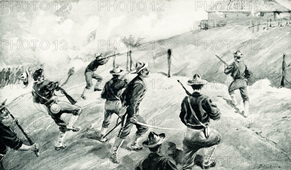 This 1899 illustration shows: “The Capture of San Juan.” Painting illustrating the capture of San Juan Hill, July 2, 1898, during the Spanish -American War. The Americans took the blockhouse and San Juan Hill from the Spanish, a key event in ending the war and the surrender of the Spanish. The Battle of San Juan Hill, also known as the Battle for the San Juan Heights, was a major battle of the Spanish–American War fought between an American force under the command of William Rufus Shafter and Joseph Wheeler against a Spanish force led by Arsenio Linares y Pombo.